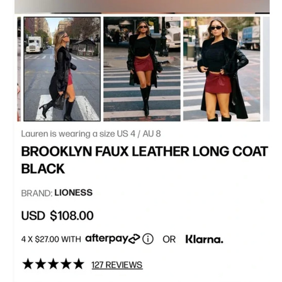 Lioness BROOKLYN Black Vegan Long Coat Size S - Picture 4 of 7